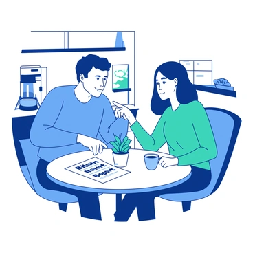 Two coworkers are sitting at a small round table in a break room, each holding a white coffee cup. One coworker, wearing a blue shirt, is leaning slightly forward, pointing to a document titled "Bilan Report" that lies on the table between them. The second coworker, dressed in a teal sweater, is looking intently at the document while taking a sip from their coffee. A small potted plant sits on the table beside them, adding a touch of greenery to the scene. The walls of the break room are painted in a light shade, creating a cozy atmosphere. A coffee machine is visible in the background, along with a small shelf containing snacks.