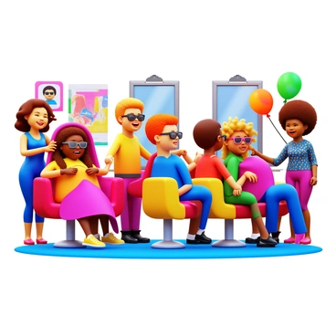 A themed salon party featuring clients and stylists dressed in "80s attire." The clients have vibrant hairstyles with big curls and bold colors, while some wear oversized glasses and chunky jewelry. The stylists showcase neon-colored outfits, complete with shoulder pads and leg warmers. The salon is decorated with retro posters and colorful balloons. Clients are seated in salon chairs with bright, patterned capes as the stylists work on their hair. Laughter and excitement fill the air, capturing the lively spirit of the 80s.