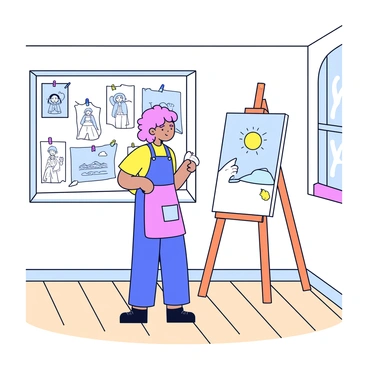An artist stands in front of a large, rectangular mirror, examining their reflection. The artist has curly hair and wears a paint-splattered apron. On the wall behind them, there are several sketches displayed, featuring various characters and landscapes. The sketches are pinned up with colorful pushpins, and a small wooden easel is positioned nearby with a canvas in progress. The room has light wooden floors and soft, natural light filtering in through a window.