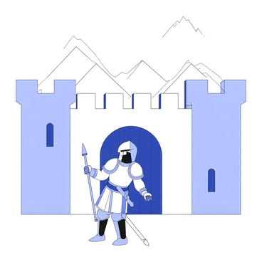 A lone guard stands at the entrance of a fortress. The guard is dressed in a suit of armor, with a helmet that partially obscures the face. He holds a spear firmly in one hand while his other hand rests on the hilt of a sword sheathed at his side. The fortress features tall stone walls with battlements at the top, and a heavy wooden door stands closed behind him. The guard's stance is alert, with a focused expression, as he scans the surroundings for any signs of intrusion. In the background, the silhouette of mountains looms against the sky.