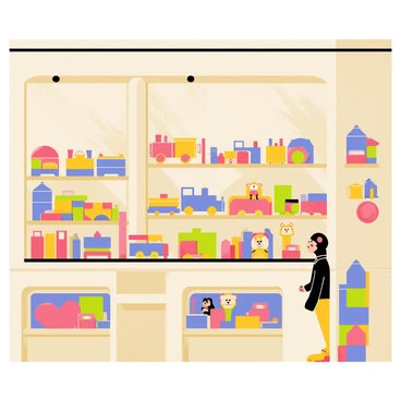 A quaint toyshop with a charming wooden facade and large glass windows. Inside, colorful old-fashioned toys are neatly arranged on wooden shelves. A variety of wooden trains in bright colors are displayed prominently on the counter. There are stuffed animals, dolls, and classic building blocks scattered throughout the shop. The warm glow of overhead lights illuminates the nostalgic atmosphere, creating an inviting space for children and adults alike.