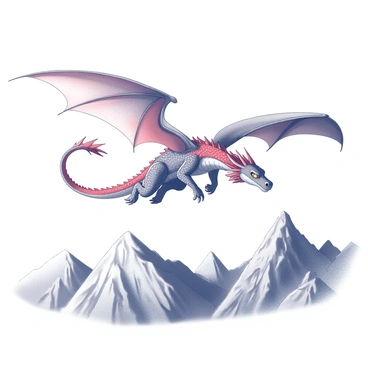 A mythical dragon with "cinnabar red scales" is soaring gracefully in the sky. Its wings are wide and powerful, stretching out as it glides over a range of "mountains" with jagged peaks. The dragon's eyes are sharp and focused, surveying the landscape below. The mountains are rugged, with steep cliffs and rocky outcrops, creating a dramatic backdrop for the dragon's flight. The scene captures the motion of the dragon in mid-air, surrounded by a sense of grandeur and majesty.