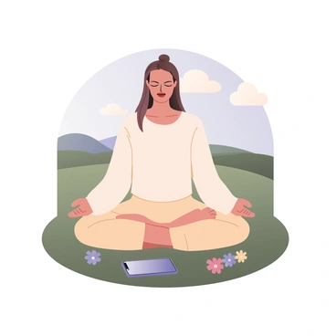 A person sitting cross-legged on a soft green grass field, engaged in meditation. The individual has long brown hair tied back and is wearing a loose white shirt and comfortable beige pants. Their eyes are closed, and a peaceful expression is on their face. Beside them on the ground is a smartphone lying face down, clearly turned off. In the background, there are gentle hills and a clear blue sky dotted with a few fluffy white clouds. A few colorful flowers are scattered around the grass, enhancing the calm atmosphere.