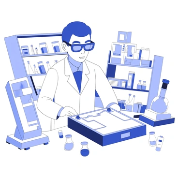 A scientist is focused on examining a large battery prototype in a laboratory. The scientist is wearing a white lab coat and safety goggles. The battery prototype is positioned on a table, showcasing its intricate design with multiple components and wiring. Surrounding the scientist are various pieces of research equipment, including test tubes, a microscope, and an oscilloscope. The laboratory has shelves filled with labeled jars and books, creating a busy but organized workspace. The lighting in the room emphasizes the details of the equipment and the prototype.