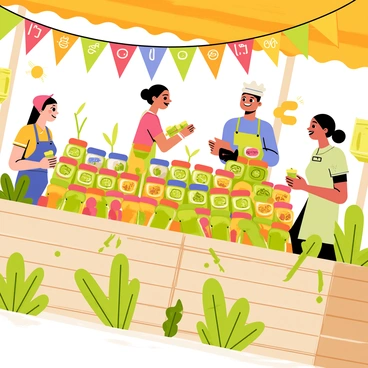 A bustling farmer's market stall filled with rows of colorful jars of pickles. The jars are clear, showcasing various types of pickles including dill, bread and butter, and spicy varieties. Each jar is labeled with a vibrant, hand-written tag. The stall is made of wooden crates and decorated with green leafy vegetables and fresh herbs scattered around. There are customers browsing the jars, with a smiling vendor wearing an apron, offering samples. Brightly colored banners hang above the stall, attracting attention with the words “Fresh Pickles”. Sunlight filters through the market, adding a warm glow to the scene.