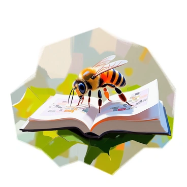 A close-up image of a honeybee with intricate patterns on its body, perched on a vibrant green leaf. The honeybee's wings are slightly spread, showcasing their delicate structure. In front of the bee, there is a tiny open book with detailed illustrations on the pages. The bee is positioned as if it is 'reading' the book, with its antennae gently touching the pages. The leaf is richly textured, with veins clearly visible, creating a natural backdrop for this whimsical scene.