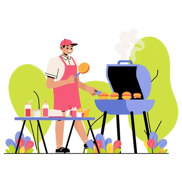 A father standing in front of a large grill in a backyard, cooking hamburgers. The grill has several sizzling burgers on it, and smoke is rising into the air. The father is wearing a bright red apron and a baseball cap, smiling as he flips a hamburger with a spatula. In the background, there are green trees and colorful flowers surrounding the yard. A picnic table is set nearby with plates, condiments, and drinks ready for the barbecue.