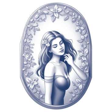 A stained glass window depicts "an elegant woman" gracefully positioned in the center. She has flowing hair, adorned with floral accents. Surrounding her are various "natural motifs," including intricate leaves, delicate flowers, and swirling vines that frame her figure. The patterns are detailed, showcasing the textures of the flora. The overall composition emphasizes a harmonious relationship between the woman and the natural elements around her.