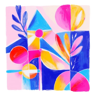 A composition features a variety of abstract shapes, including triangles, circles, and hexagons, each rendered in vivid colors like bright blue, radiant red, and vibrant yellow. The shapes overlap and interconnect, creating a dynamic sense of movement. Gradients transition smoothly between colors, giving depth and dimension to each form. The background is a subtle blend of lighter hues, allowing the shapes to stand out prominently in the foreground.