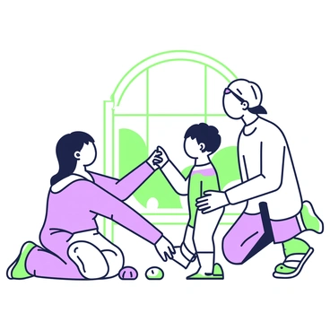 A toddler is taking their first steps in a bright and open room. The child is wearing a colorful outfit, and their small feet are just lifting off the ground. A parent's hand is gently guiding the toddler from the side, with fingers wrapped around the child's wrist for support. The parent is wearing comfortable clothing and is kneeling slightly to maintain eye contact with the toddler, providing encouragement. Soft toys are scattered on the floor, and a sunny window is visible in the background, creating a warm atmosphere.