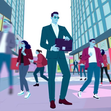 A slick salesman with an olive green flashy suit and a crisp white shirt is standing confidently on a busy street corner. He has stylish, slicked-back hair and wears modern sunglasses. In his right hand, he holds a black leather briefcase with gleaming metal clasps. Around him, blurred figures of diverse pedestrians rush by, showcasing a vibrant urban atmosphere. The street is lined with tall glass buildings and neon signage, enhancing the bustling city vibe.