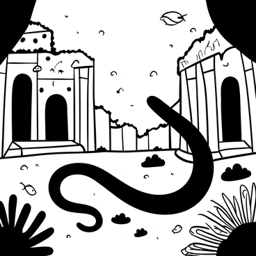 An eel with elongated, smooth body gliding gracefully through the remains of an ancient underwater temple. The temple is adorned with intricate stone carvings, partially covered in seaweed and barnacles. Sunlight filters down from the water's surface, illuminating the scene with dappled light patterns. Broken columns and crumbling walls are visible, surrounded by schools of small fish darting among the structures. The eel weaves in and out of the temple ruins, showcasing its sleek form amidst the historical remnants.
