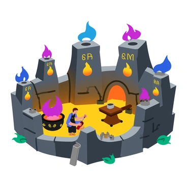 A large, mystical forge made of weathered stone and reinforced with intricate metalwork. The forge is filled with glowing embers and shimmering flames that light up the surrounding area. Stone golems are in various stages of creation, some are partially formed, while others stand tall, each covered in glowing magical runes etched into their surfaces. The air is filled with sparks as a blacksmith works diligently at an anvil, hammering metal pieces while surrounded by tools and materials. A bubbling cauldron nearby emits wisps of colorful, magical smoke.