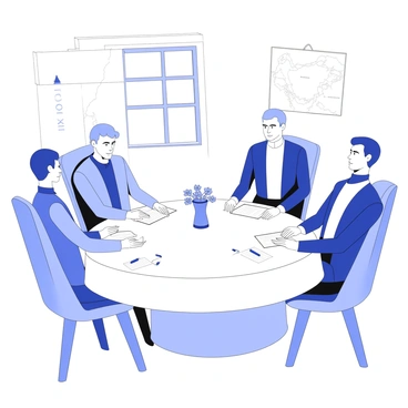 Representatives from opposing sides are seated at a round table engaged in peace talks. Each representative is dressed in formal attire, showcasing their distinct cultural backgrounds. The table is adorned with a neutral tablecloth and has a small vase with flowers at the center. Papers and pens are scattered across the table, indicating the seriousness of the discussions. In the background, a large window allows natural light to fill the room, while a map of the respective territories hangs on the wall, symbolizing the context of the negotiations. Each representative appears focused and attentive, with expressions that suggest a mix of determination and hope.