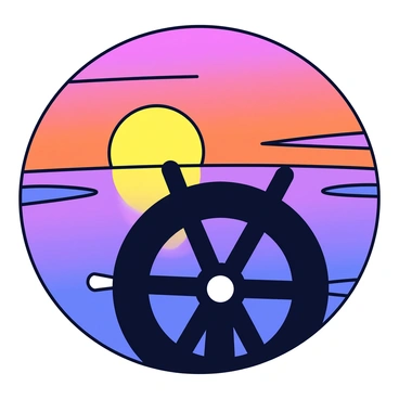 A ship's helm is prominently positioned in the foreground. The helm features a circular design with several spokes radiating from the center. In the background, a vibrant sunset fills the sky with orange, pink, and purple hues as the sun dips below the horizon. The water reflects these colors, creating a warm glow that contrasts with the dark silhouette of the helm.