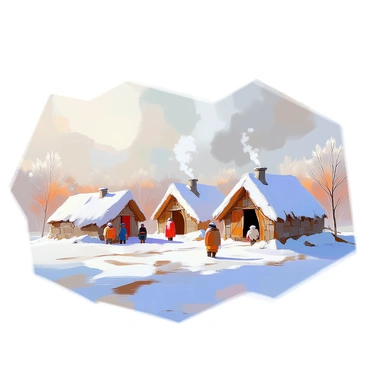 A small ice age village features several snow-covered huts with thatched roofs, nestled closely together. The huts are constructed from timber and stones, showing signs of wear from the harsh environment. Smoke rises gently from chimneys, blending with the crisp, cold air. In the foreground, a few villagers can be seen wrapped in furs, engaging in daily activities. The ground is blanketed in thick snow, and the distant landscape shows frosted trees and a pale sky overhead, suggesting early morning light.