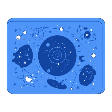 A blue illustration board features detailed representations of various constellations and zodiac signs. Each zodiac sign is artistically depicted in the center of its own unique section on the board. The constellations are interconnected with fine white lines, creating a network of stars that spans across the entire board. Each zodiac sign is surrounded by small celestial elements, such as stars and planets, in contrasting colors. The overall composition is balanced, showcasing the beauty of the night sky and its astrological patterns.