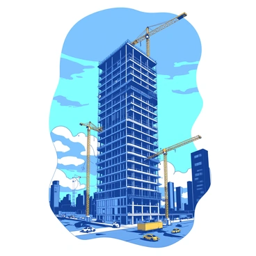 A tall skyscraper under construction rises prominently above the city skyline. The structure is encased in a framework of scaffolding, showcasing layers of steel beams and concrete. Several yellow cranes are positioned around the building, actively lifting materials to the upper levels. Below, the bustling city streets are filled with cars and pedestrians, dwarfed by the enormous scale of the construction site. The sky above features a gradient of blue as daylight fades, casting long shadows from the towering cranes.