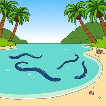 A calm lagoon surrounded by lush green foliage and tall palm trees. The water is a clear turquoise color, reflecting the bright blue sky above. In the background, several electric eels are swimming gracefully through the water, their elongated bodies undulating as they move. Some small fish dart around them, creating a sense of liveliness in the water. The sandy shore curves gently along the edge of the lagoon, where a few colorful seashells are scattered. Sunlight sparkles on the water's surface, enhancing the vibrant colors of the scene.
