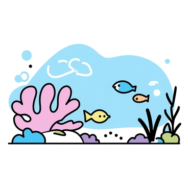 A group of small, colorful fish in various shades of blue, yellow, and orange swimming among intricate coral formations. The corals are in shades of pink, purple, and green, creating a lively underwater environment. Sunlight filters through the water, casting dappled patterns on the sandy ocean floor. A few seaweed plants sway gently in the current, adding to the dynamic composition of the scene.