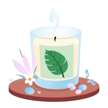 A scented candle sits on a wooden table. The candle is encased in a clear glass holder, showcasing its creamy wax. The label features a detailed monstera leaf motif, vibrant green against a soft pastel background. The candle's wick is positioned in the center, and a faint wispy trail of smoke is rising from it. Surrounding the candle are small pebbles and a few delicate flowers, enhancing the natural ambiance of the scene.