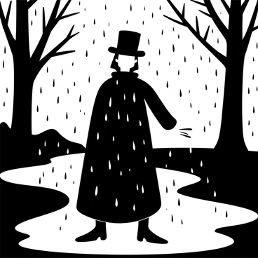 A figure in a dark cloak and top hat stands in the rain, the fabric of the cloak saturated and the water glistening off its surface. The rain falls heavily around him, creating a misty atmosphere. Puddles form at his feet, reflecting the surrounding shadows. The background is filled with dark, silhouetted trees, their branches swaying in the wind. The sky is overcast, adding to the somber mood of the scene.