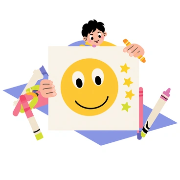 A child sitting at a colorful desk holds a crayon in their hand. The child is focused on a sheet of white paper in front of them. On the paper, there is a bright yellow smiley face with big, cheerful eyes and a wide grin. Next to the smiley face, there are five stars drawn in different colors, each filled in with vibrant shades of red, blue, green, and purple, representing a star rating. The child's other crayons are scattered around the desk, adding to the playful atmosphere.