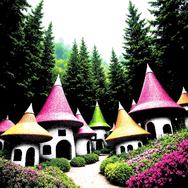 A whimsical village of yordles is nestled within a dense forest. There are unique, colorful homes with rounded roofs and intricate designs. Each house is surrounded by lush greenery, with tall trees and vibrant flowers dotting the landscape. The buildings have playful shapes, some resembling mushrooms and others taking on fantastical forms. Small pathways meander between the houses, connecting the charming community. The sky above is clear, enhancing the cheerful atmosphere of this lively village.