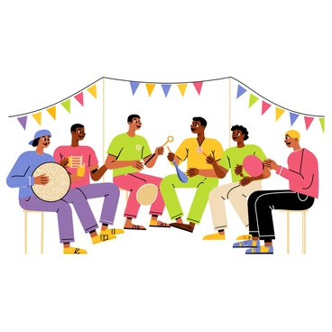 A group of six people sitting in a circle, each playing a different type of drum. The drummer on the left has a large djembe with intricate patterns, while the next person has a smaller, colorful bongo drum. The third drummer uses a sleek conga drum, and the fourth has a traditional tambourine. The fifth person is playing a bright red frame drum, and the last drummer has a hand drum with a vibrant design. They are all smiling and engaged in the music, surrounded by a lively audience. Colorful banners and festive decorations are visible in the background, creating a joyful atmosphere at the community gathering.