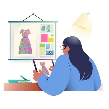 A fashion student with long black hair is sitting at a wooden table, focused on a digital illustration of a dress on a tablet. She is wearing a stylish, oversized blue sweater and has a pair of black glasses perched on her nose. The tablet screen shows a colorful dress design with intricate patterns. Beside the tablet, there are several sketchbooks and colored pencils scattered on the table. In the background, a mood board filled with fabric swatches and fashion sketches is pinned to the wall, providing inspiration for her work. A bright light is illuminating her workspace, highlighting her concentration as she draws.