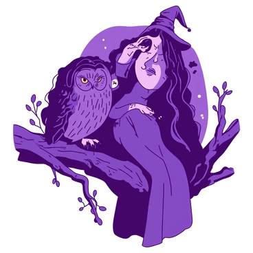 A duotone illustration features a purple medieval witch sitting gracefully on a sturdy tree branch. She has long flowing black hair adorned with small leaves and flowers, and she wears a deep blue robe that drapes elegantly around her. The branch is thick and gnarled, covered in moss. Next to her, a large wise owl with striking yellow eyes is perched, turning its head attentively towards the witch. The owl has intricate feather patterns, blending shades of orange and brown. The background is filled with hints of twilight, giving a mystical atmosphere to the scene, as the witch leans in to share secrets with the owl, creating a sense of quiet companionship.