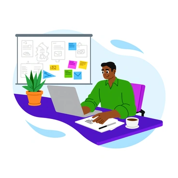 A developer sitting at a modern desk, focused intently on a laptop. The developer is sketching ideas on a notepad with colorful sticky notes scattered around, each displaying different app concepts. The workspace features a large whiteboard in the background filled with diagrams and flowcharts. A cup of coffee sits on the desk next to the laptop, and a potted plant adds a touch of greenery to the scene. The lighting is bright, emphasizing the creative atmosphere.