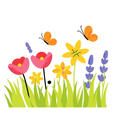 A vibrant field of flowers with a variety of colorful blooms, including red poppies, yellow daffodils, and purple lavender. In this field, several butterflies are present, each with wings that resemble bright orange carrot slices. The butterflies flutter gracefully among the flowers, their unique wings creating a striking contrast against the colorful petals. The scene is filled with lush green grass, and the sun shines down, illuminating the butterflies as they land gently on the flowers.