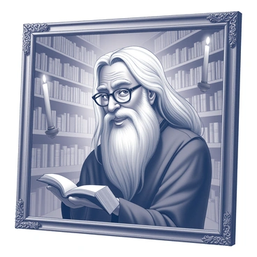 A portrait of a wise-looking elderly wizard with long silver hair and a beard is displayed in an ornate frame. The wizard wears a pair of half-moon spectacles perched on his nose. He has a gentle smile and is depicted with a long robe that flows elegantly. The background of the portrait shows a sprawling library filled with towering shelves lined with books. Floating candles illuminate the library, casting soft light around the room. Shadows play across the walls, adding depth to the magical atmosphere. The overall scene evokes a sense of wonder and knowledge.