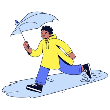 A person wearing a yellow raincoat is sliding on a wet sidewalk. The ground is slick with rainwater, reflecting the gray sky above. In one hand, they are holding an umbrella that has been blown inside out, with the fabric flapping wildly against the wind. The person has a surprised expression on their face as they lose balance. Puddles on the sidewalk are splashing, adding to the scene's dynamic movement.