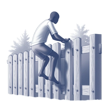 A figure of a runaway slave is depicted stealthily climbing the side of a wooden fence. The individual is dressed in tattered clothing, with one hand gripping the top of the fence while the other reaches for a foothold. The fence is tall and weathered, with rough wooden planks and a series of sharp, protruding nails. In the background, there are hints of dense foliage and trees, creating a sense of concealment. The atmosphere conveys tension, as the figure cautiously scans the surroundings for any signs of pursuit.
