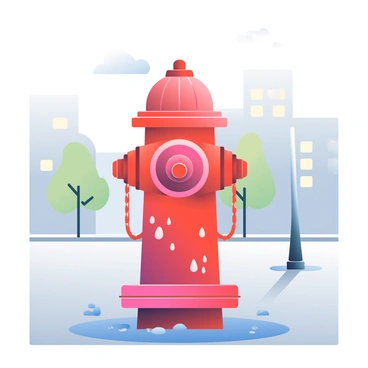 A red fire hydrant is positioned prominently on a wet sidewalk, glistening with droplets of rain. The surface of the hydrant is shiny and reflective, showcasing vibrant shades of red against the gray background. Raindrops are visibly clinging to the hydrant, creating a sense of freshness. In the surroundings, a misty atmosphere envelops the scene, softening the outlines of distant buildings and tree silhouettes. Puddles of water are forming at the base of the fire hydrant, adding to the overall wet and reflective environment. The sky above is a muted gray, with clouds hanging low, adding to the misty ambiance.