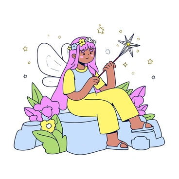 A flower fairy with delicate, translucent wings is seen sitting on a moss-covered rock. She has long, flowing hair adorned with small flowers. In her tiny hands, she is carefully crafting a sparkling magic wand made from intertwined twigs and colorful petals. Around her, sparkling dust particles float in the air, catching the light. The background features soft green foliage and vibrant blossoms, enhancing the enchanting atmosphere of the scene.