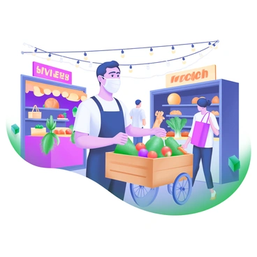 A street vendor stands in a bustling marketplace, surrounded by colorful stalls filled with various goods. The vendor wears a protective mask and is dressed in a casual shirt and apron. In front of the vendor, a wooden cart displays fresh fruits, vegetables, and handmade crafts. Shoppers, animated and diverse, browse the stalls, with some carrying shopping bags. The atmosphere is lively, with strings of lights overhead casting a warm glow and nearby stalls featuring vibrant signage and products.