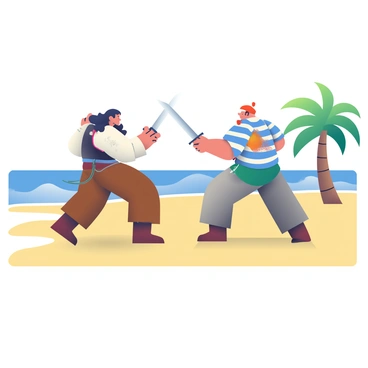Two pirates are engaged in a duel, fencing with swords in a sandy arena at the edge of a beach. The first pirate has long, dark hair and is wearing a tattered, white shirt paired with brown trousers and a black vest. He is in a defensive stance, with his sword raised high. The second pirate has a shaved head and is dressed in a striped blue and white shirt, with a red bandana tied around his head. He is lunging forward, aiming to strike. The background features golden sand and gentle waves lapping against the shore, along with a clear blue sky. A few palm trees are swaying gently in the breeze nearby.