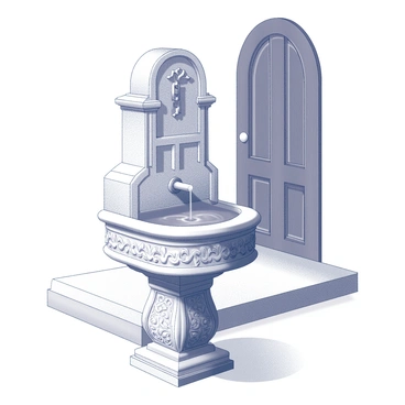 A holy water font is situated near the entrance of a church. The font is intricately carved, showcasing detailed patterns and religious symbols. It is made of stone, with a smooth, rounded basin. The base of the font is sturdy and features ornamental designs that enhance its standing. The area surrounding the font is clean and well-kept, with light illuminating the carvings and casting gentle shadows. A wooden door of the church is visible in the background, adding to the solemn atmosphere of the scene.
