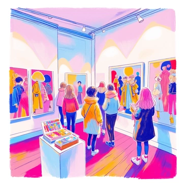 An art gallery features walls adorned with colorful fashion illustrations. Each illustration showcases unique outfits, highlighting vibrant textures and patterns. The gallery has polished wooden flooring that reflects the colorful artwork. Soft lighting illuminates each piece, creating a welcoming atmosphere. Several visitors are engaged in admiring the illustrations, with some conversing and pointing at specific designs. In one corner, a small display table holds a selection of fashion magazines.