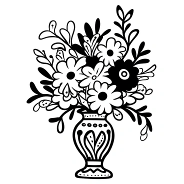 An ornate flower bouquet displayed in an intricately designed vase. The bouquet contains various types of flowers, including roses, lilies, and daisies, all arranged in a harmonious composition. The flowers have detailed petals, showcasing their unique shapes and textures. The vase features ornamental patterns and embellishments, enhancing its elegance. Surrounding the bouquet are delicate leaves and tendrils that add to the intricate design.