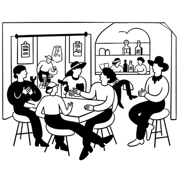 A lively Wild West saloon with several cowboys gathered around a wooden table, intensely focused on their card game. One cowboy is leaning forward, while another is throwing his head back in laughter. A third cowboy is holding a drink in one hand, watching the game with a grin. In the corner of the saloon, a pianist is seated at an upright piano, his hands moving rapidly over the keys as sheet music is open before him. A bar with bottles of varying shapes is lined up behind him, and several patrons are seated on stools, enjoying the vibrant atmosphere. The walls are adorned with wanted posters and rustic decorations, enhancing the Wild West ambiance.