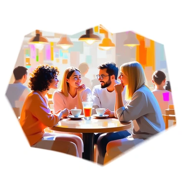 A group of three friends is sitting around a small wooden table in a bustling, cozy café. They are engaged in deep conversation, leaning in towards each other with animated expressions. One friend, a young woman with curly brown hair, is laughing while holding a steaming cup of coffee. The second friend, a man with short black hair and glasses, has his hands gesturing expressively as he shares a story. The third friend, a woman with straight blonde hair, is smiling warmly, resting her chin on her hand as she listens intently. In the background, other customers are seen chatting and enjoying their drinks, with warm light coming from overhead lamps and colorful artwork adorning the walls.