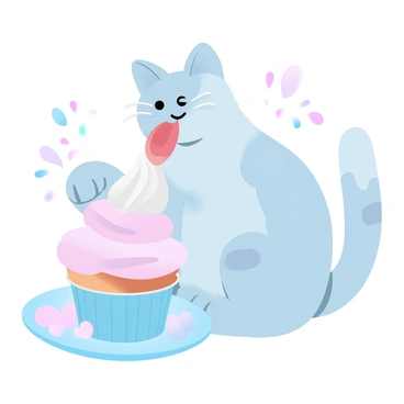 A cat is licking frosting from a cupcake that has cat-shaped decorations on top. The cupcake is placed on a small plate with pastel colors. The frosting is swirled beautifully and has a shiny texture. The cat has soft fur with distinct patterns, and its paw is resting on the edge of the plate. Surrounding the cupcake are scattered colorful sprinkles, enhancing the playful scene.