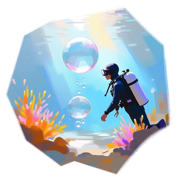 A scuba diver in a wetsuit is submerged underwater, surrounded by clear blue water. The diver is positioned slightly above an air bubble rising from the ocean floor. The bubble is large and round, shimmering with light as it ascends. The diver, wearing a mask and fins, is observing the bubble intently, with a look of curiosity on their face. Various marine plants sway gently in the current nearby, creating a lively underwater environment. Sunlight filters down from the surface, illuminating the scene with a warm glow.