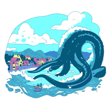 A massive kraken is emerging from the depths of the ocean, its large tentacles stretching high into the air, casting a shadow over a seaside town. The kraken's body is a blend of deep blue and teal, glistening with moisture. Towering waves crash against the shoreline, sending sprays of water towards the quaint buildings of the town below. The seaside town features colorful houses, their windows reflecting the sunlight, and small boats bobbing in the harbor, facing the overwhelming force of the wave. The sky above is filled with dramatic clouds, enhancing the sense of awe as the kraken looms menacingly over the landscape.
