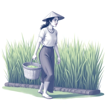 A woman named "Kartini" is walking through a lush rice field. She has a straw hat resting on her head, providing shade from the sun. In her hands, she is carrying a woven basket, which is filled with freshly harvested rice. The rice plants around her are tall and vibrant, creating a rich green landscape. The sky above is clear, adding to the serene atmosphere of the rural setting.