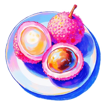 A close-up of a sliced lychee fruit reveals its "translucent flesh" which glistens under light. The "glossy seed" is prominently displayed in the center, showcasing its dark, smooth surface. The outer skin of the lychee is textured and slightly rough, with a "pinkish-red color" contrasting with the delicate inner flesh. The slice is arranged on a simple white plate, emphasizing the vibrant colors of the fruit.